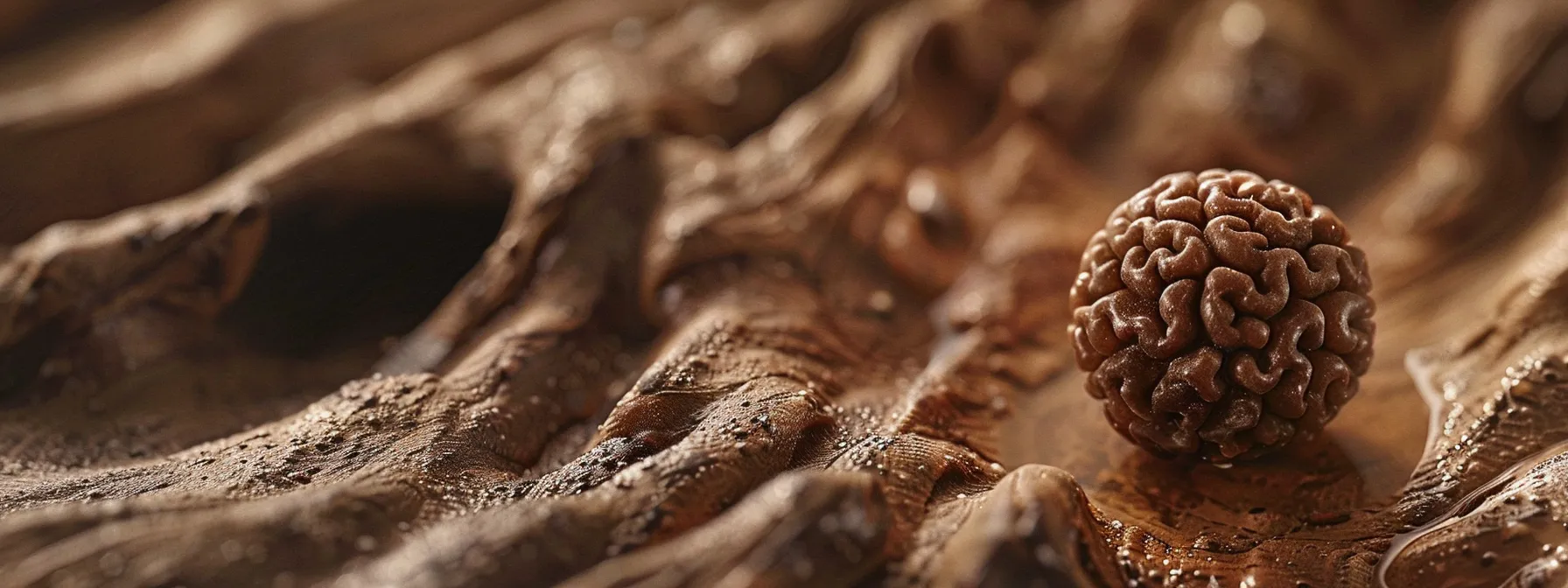 a close-up photo of a one mukhi rudraksha bead, showcasing its intricate texture and spiritual significance.