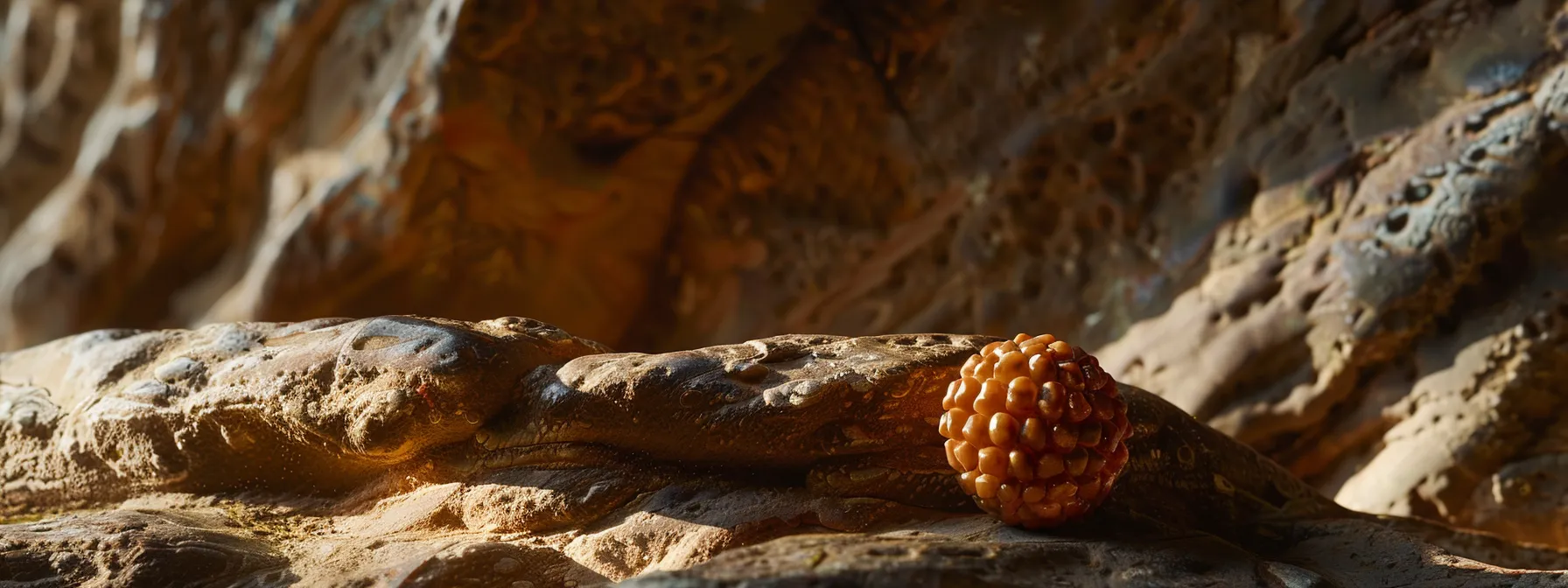 a close-up photo captures the unique surface texture and natural color variations of an authentic twelve mukhi rudraksha bead, emphasizing its genuine quality.