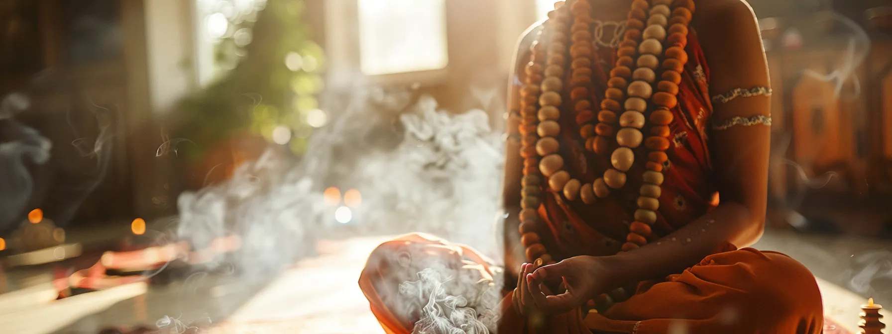 a close-up of a meditator wearing a vibrant rudraksha mala, surrounded by soft incense smoke in a serene yoga studio.