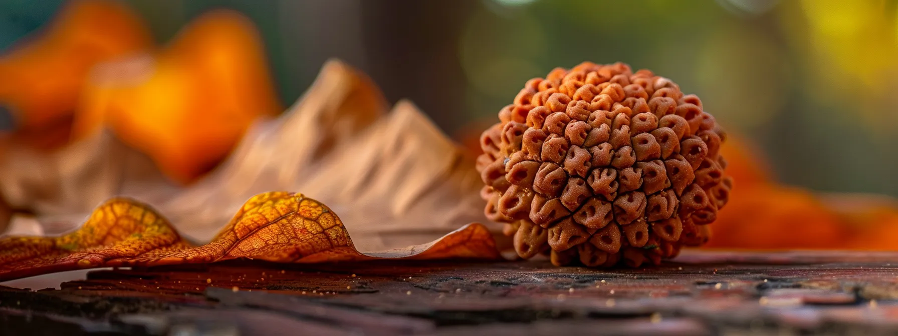 a close-up image of a genuine eleven mukhi rudraksha showcasing its unique texture, natural markings, and vibrant color.