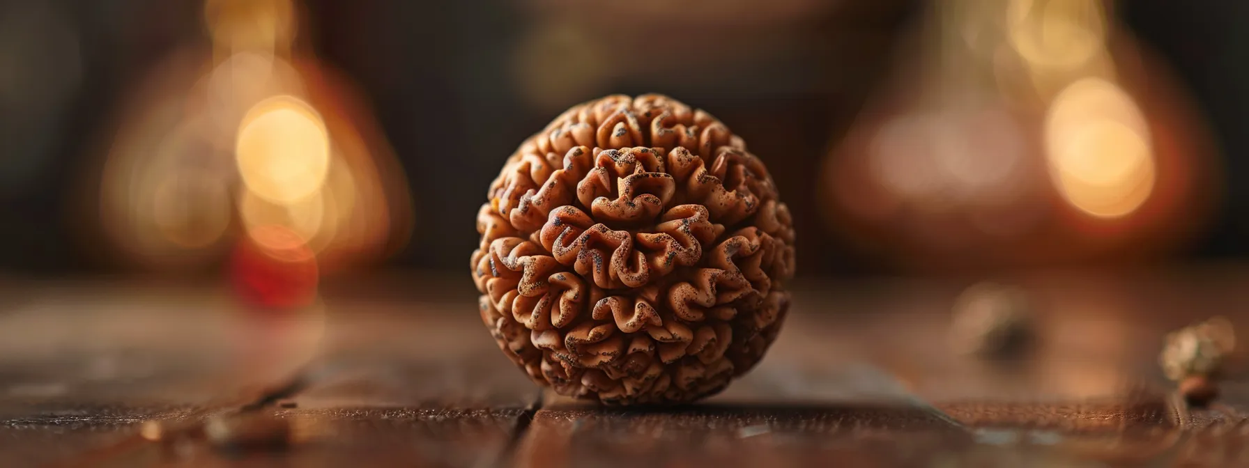 a close-up shot of a three mukhi rudraksha bead, beautifully textured and intricately detailed, symbolizing spiritual growth and ayurvedic practices.