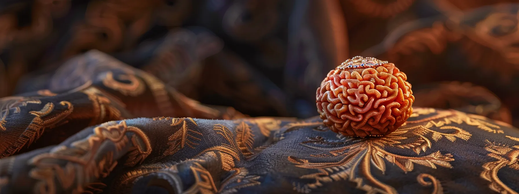 a close-up shot of a gleaming seven mukhi rudraksha bead resting on a velvet cushion, with a backdrop of ancient symbols and modern technology intertwining to represent hidden mysteries and modern interpretations.