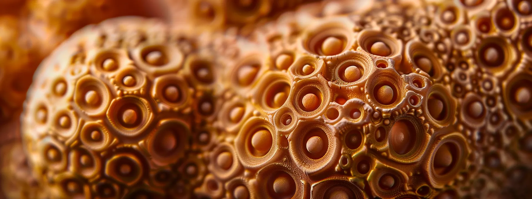 a close-up of a rudraksha bead under a microscope revealing intricate patterns and unique chemical composition.