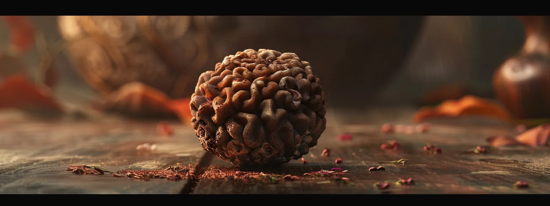 a close-up of an eight mukhi rudraksha bead covered in dirt and grime, with a dull, worn appearance, indicating the need for cleaning.