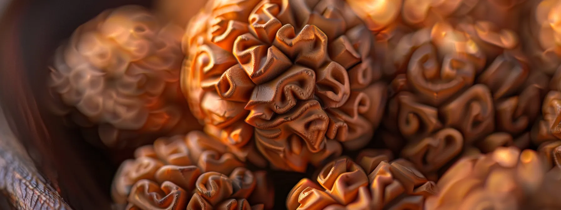 a close-up photo of an intricately carved eleven mukhi rudraksha bead, showcasing its eleven facets and spiritual symbolism.