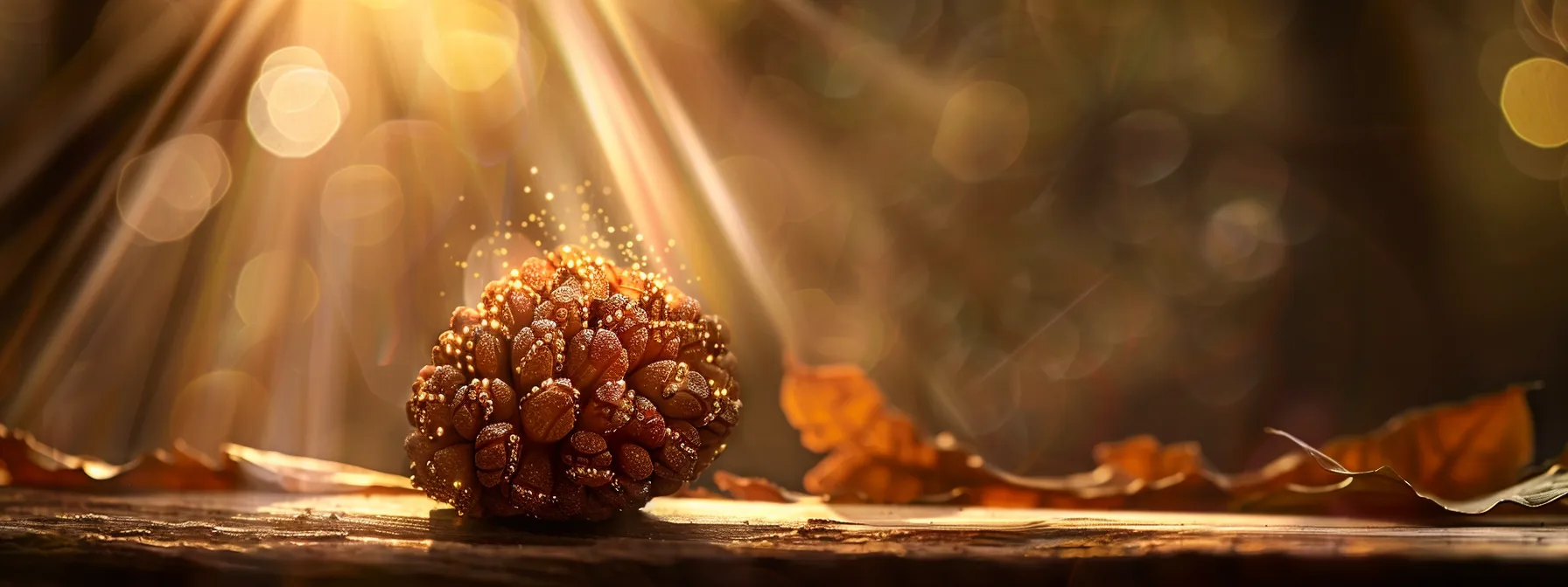 a close-up shot of a twenty mukhi rudraksha bead glistening with intricate details under a bright spotlight, symbolizing its scientific benefits and holistic properties.