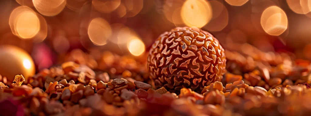 a close-up shot of a shiny, intricately carved eighteen mukhi rudraksha bead, resting on a bed of fragrant sandalwood chips, highlighting its historical significance.