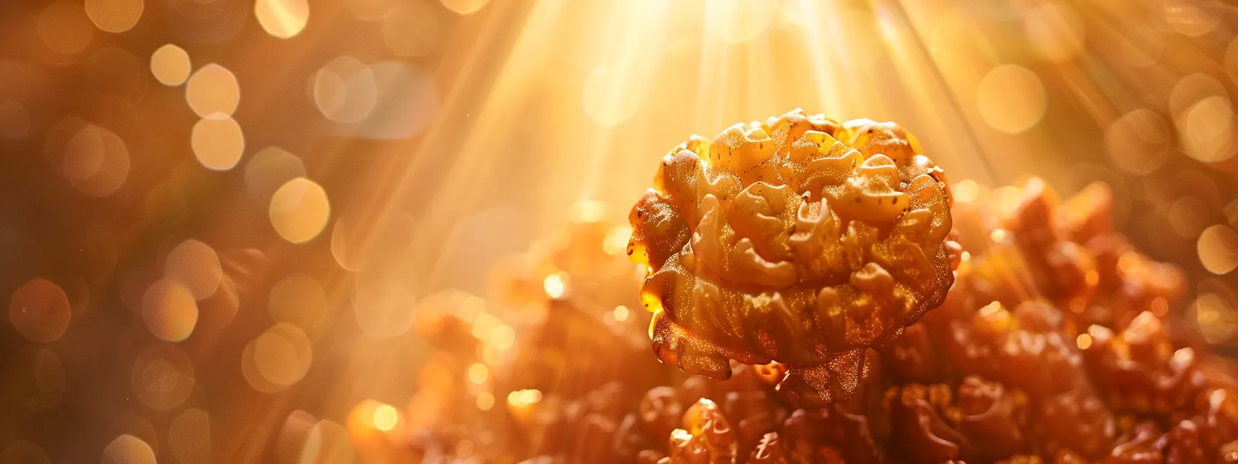 a close-up shot of a shimmering five mukhi rudraksha bead being purified and energized in a beam of golden light.