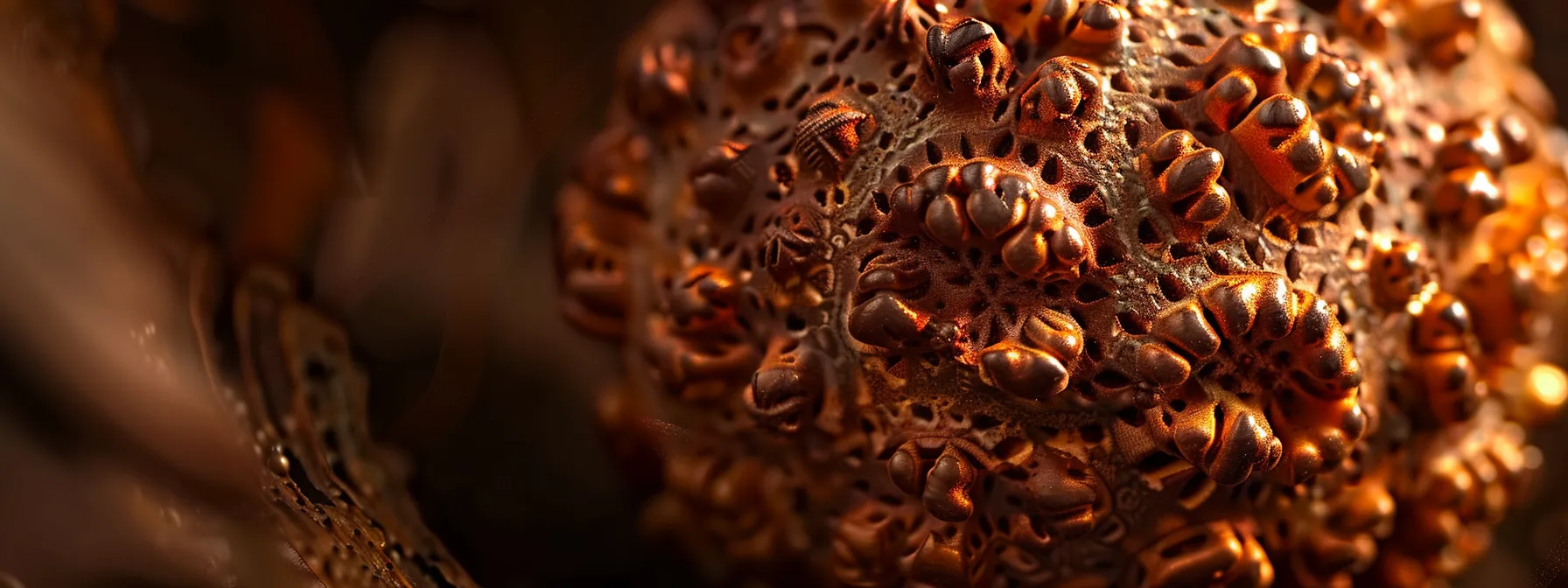 a close-up photo of a rudraksha bead under a microscope, revealing intricate details for scientific authentication.