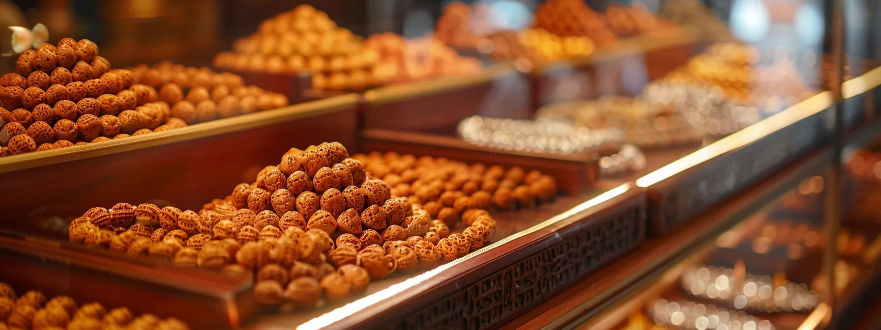 a close-up shot of a certified vendor's display case showcasing authentic three mukhi rudraksha beads under soft, warm lighting.