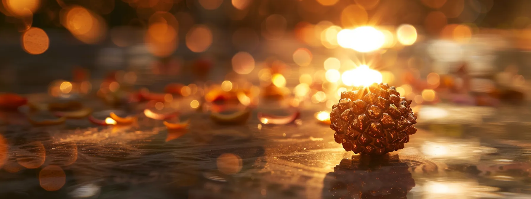 a close-up of a shimmering three mukhi rudraksha bead, radiating spiritual energy and ancient wisdom, surrounded by soft light to showcase its significance in hindu traditions.