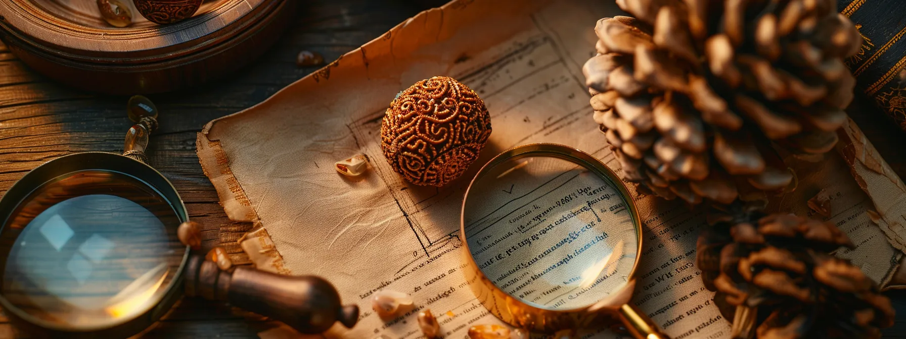 a close-up shot of a certified twenty one mukhi rudraksha bead gleaming with authenticity and true value, surrounded by a magnifying glass and appraisal tools.