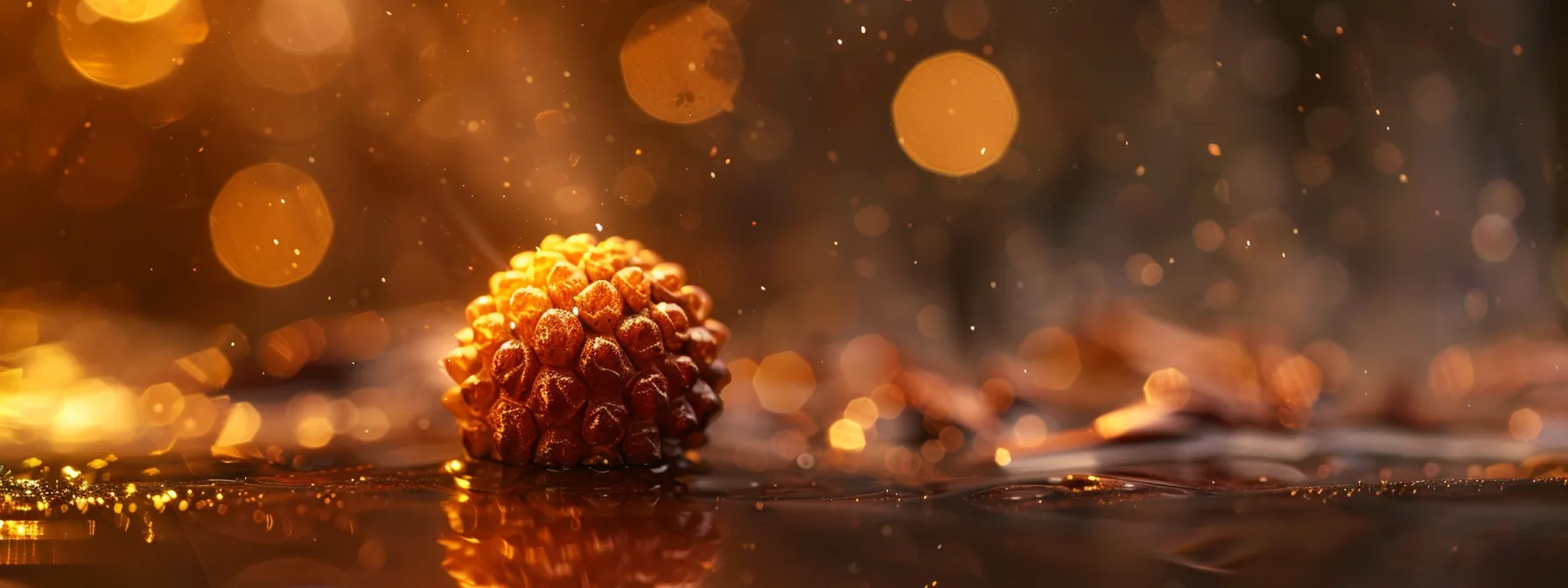 a close-up of a shimmering nineteen mukhi rudraksha bead, radiating spiritual significance and prosperity.