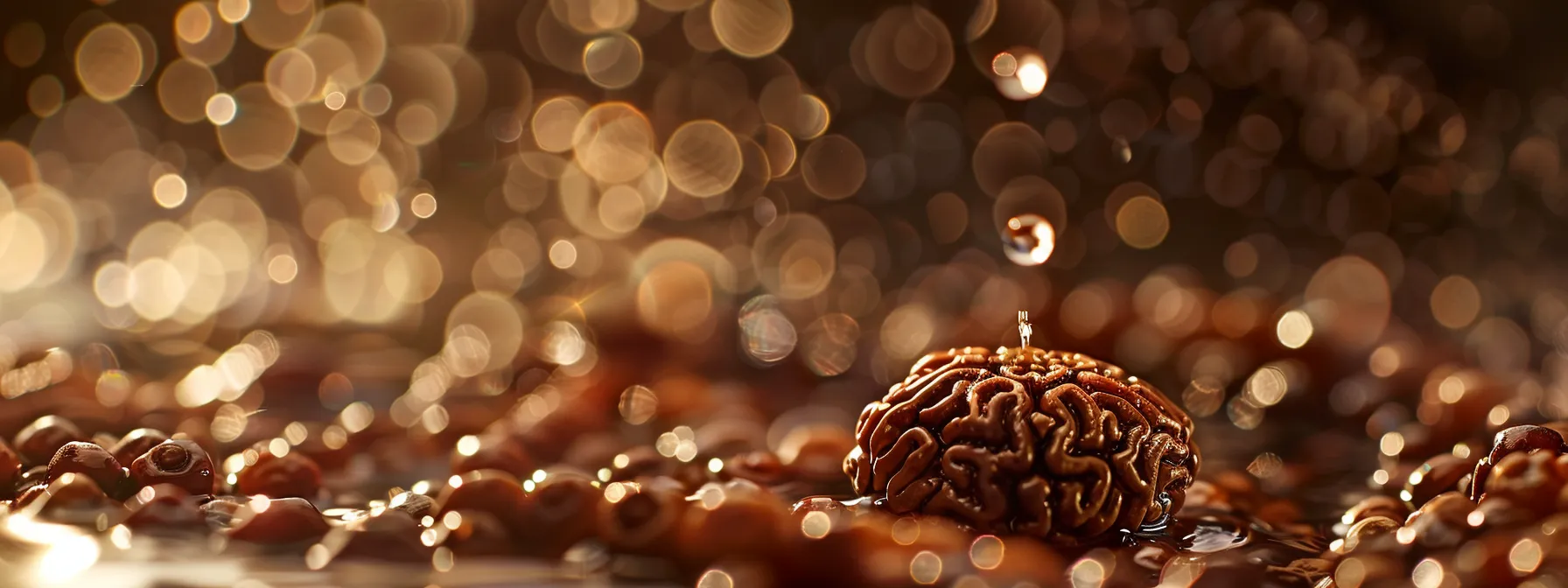 a close-up shot of a flawless eleven mukhi rudraksha bead, shining with a divine aura, surrounded by smaller beads exemplifying authenticity.