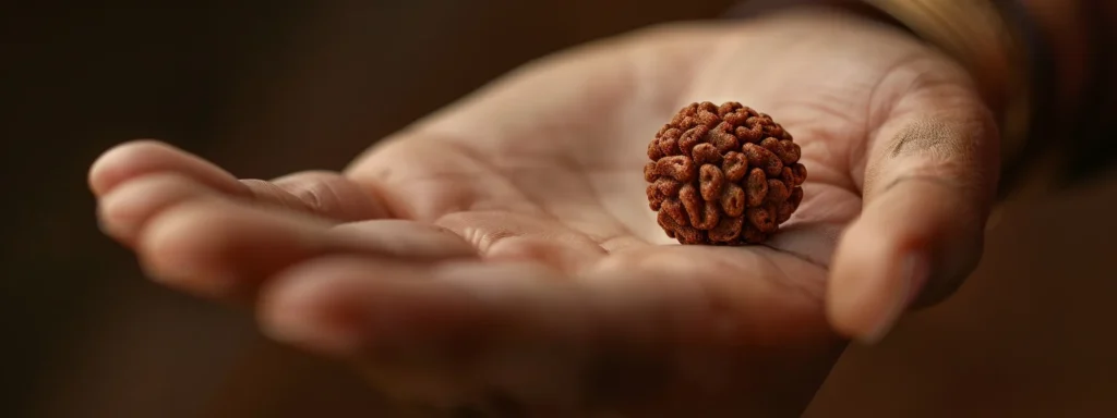 a close-up shot of a smooth, round four mukhi rudraksha bead held gently in someone's palm, showing its unique four natural lines.