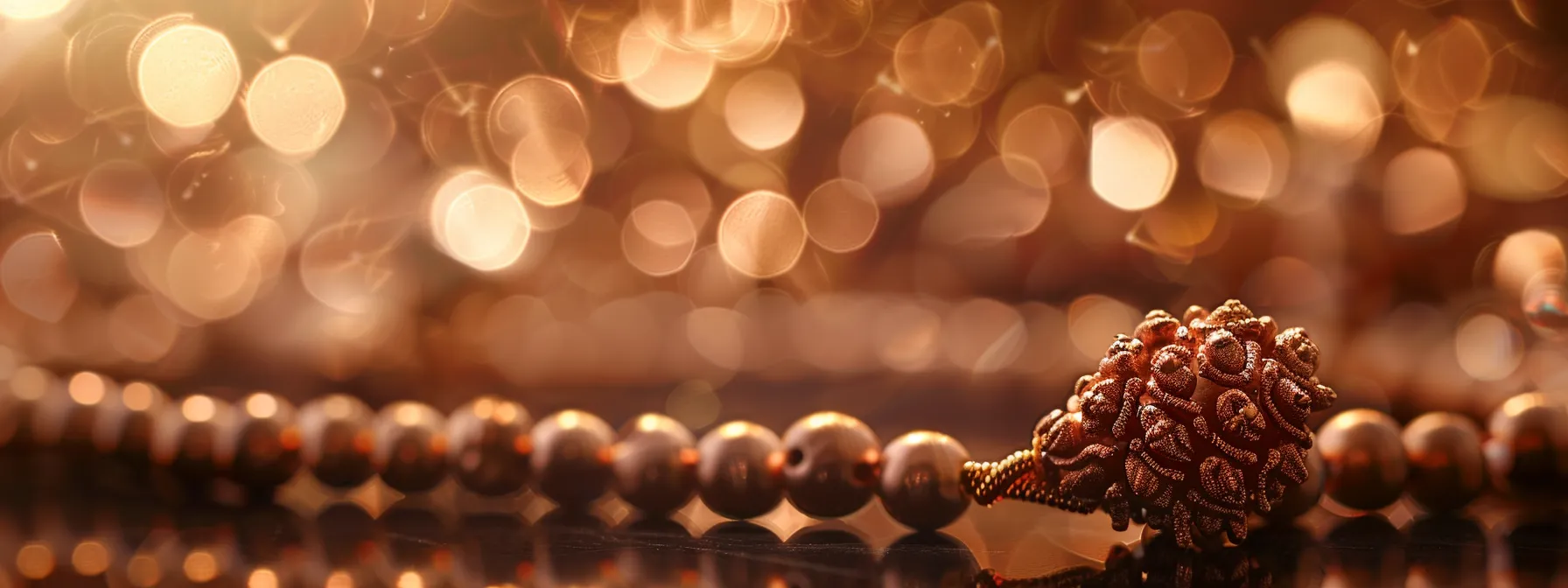 a close-up photo of a single authentic rudraksha bead with intricate mukhi markings, shimmering alongside a copper necklace, symbolizing spiritual resonance and enhanced benefits.