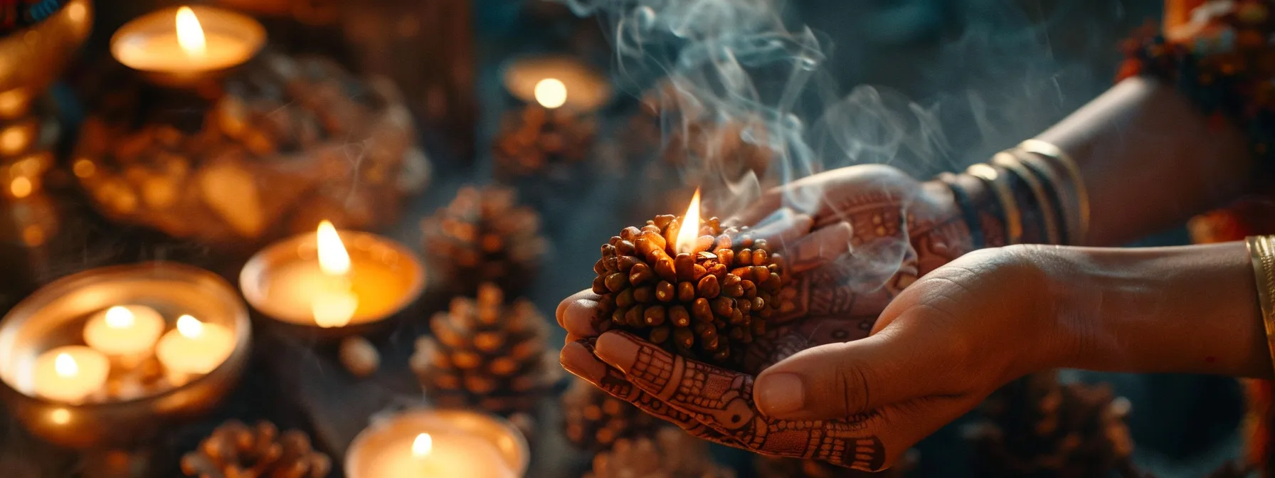 a close-up photo of a person delicately holding a shiny, six-faced rudraksha bead, surrounded by candles and incense during a purification ritual.