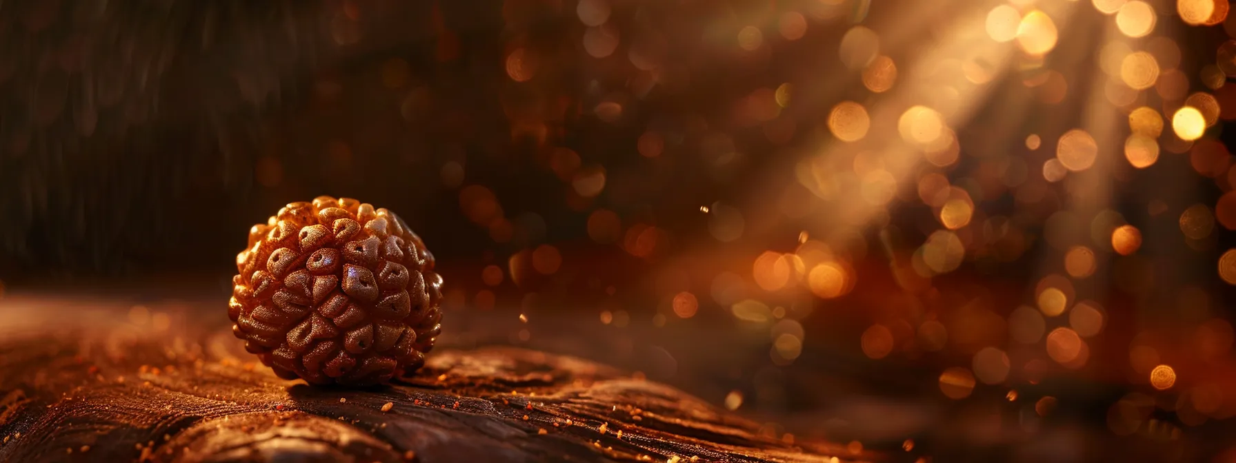 a close-up shot of a shining, authentic one mukhi rudraksha bead, exuding a vibrant and powerful spiritual energy.