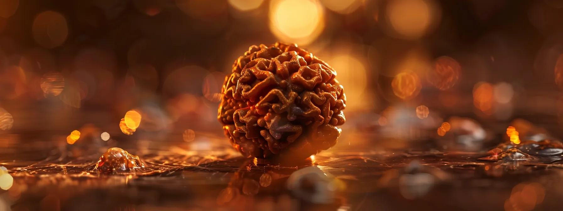 a close-up photo of a radiant eleven mukhi rudraksha bead, glistening with spiritual energy and history.