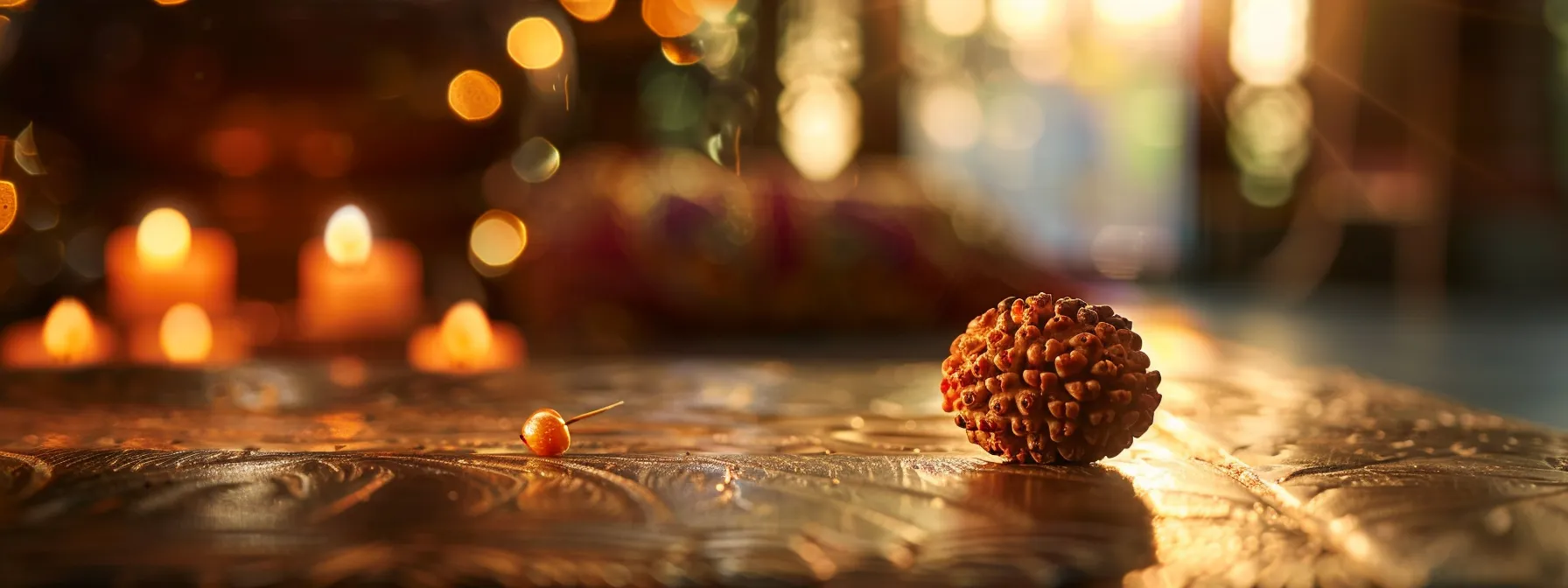 a close-up photo of a five mukhi rudraksha bead, glowing with spiritual energy, placed on a serene meditation altar.