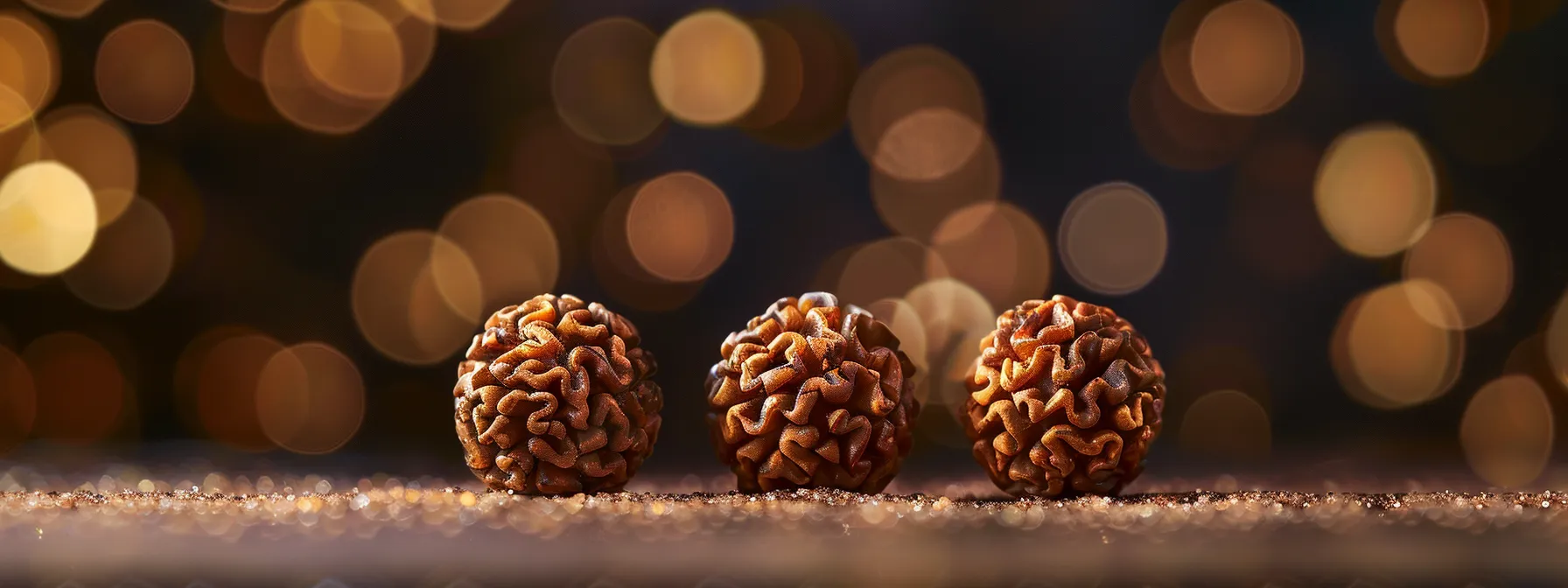 a close-up photo of the three mukhi rudraksha bead, glowing with a spiritual aura, symbolizing the interconnectedness of past, present, and future through its intricate design and sacred significance.