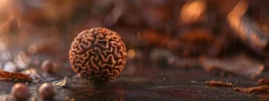 a close-up shot of a single rudraksha bead, with intricate patterns and textures, symbolizing spirituality and tradition in hindu culture.