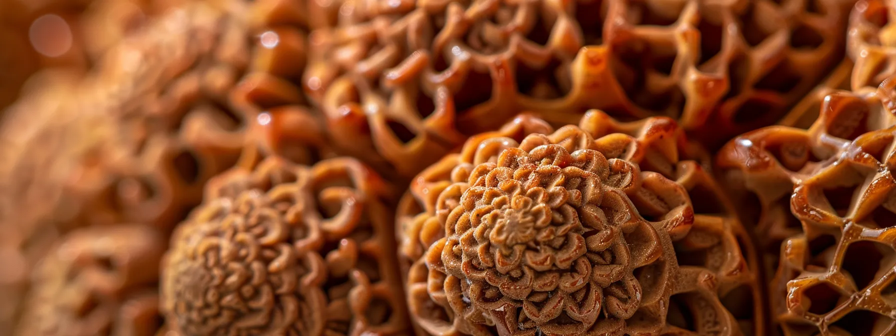 a close-up photo of the intricate texture and patterns of the eighteen mukhi rudraksha, showcasing its spiritual significance and cultural importance.