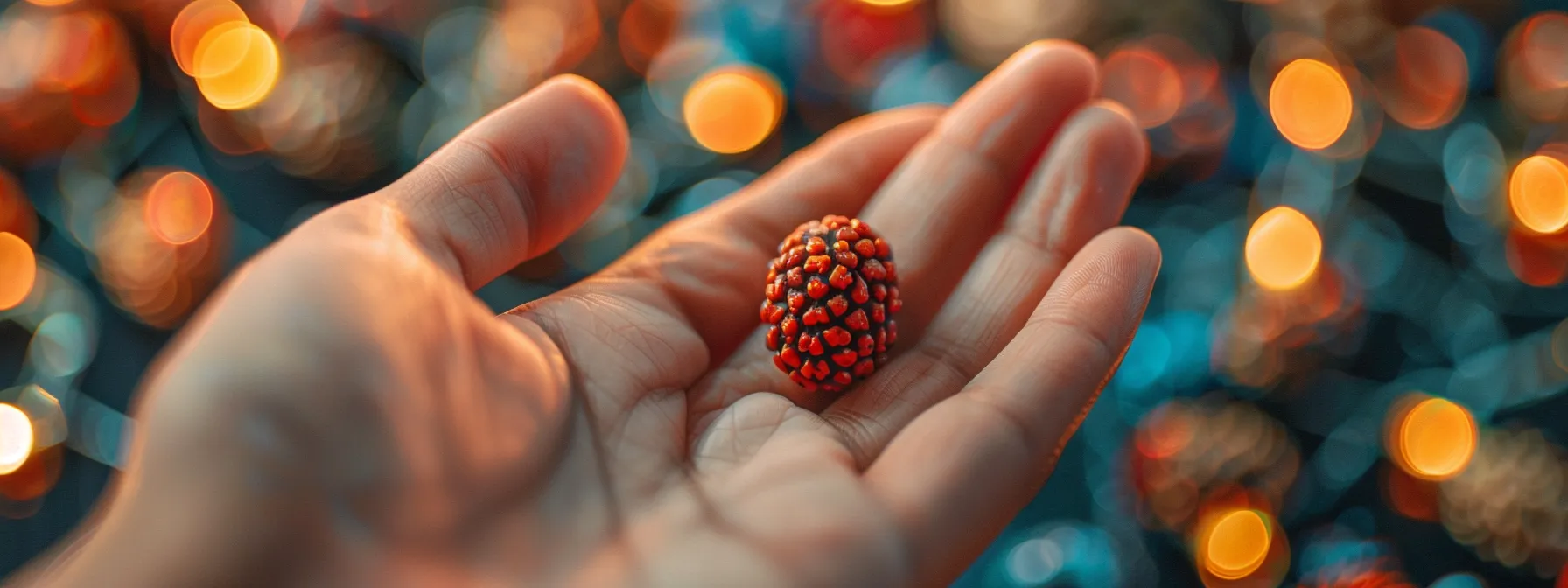 a close-up shot of a hand holding a shining, authentic nine mukhi rudraksha bead, contrasting with a blurry background of various fake beads.