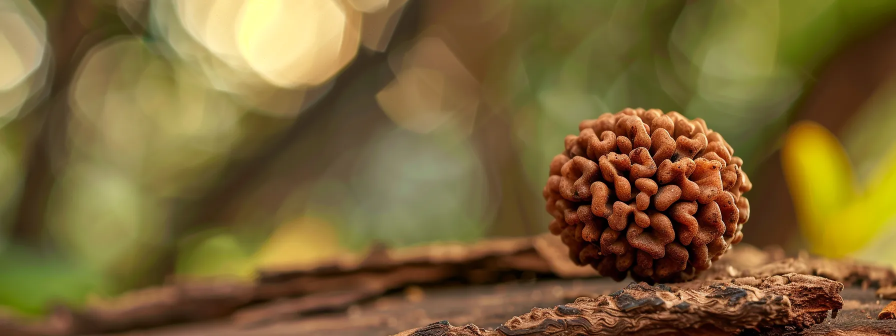 a close-up photo of a genuine twenty one mukhi rudraksha bead, showcasing its unique texture and intricate markings, against a blurred background.