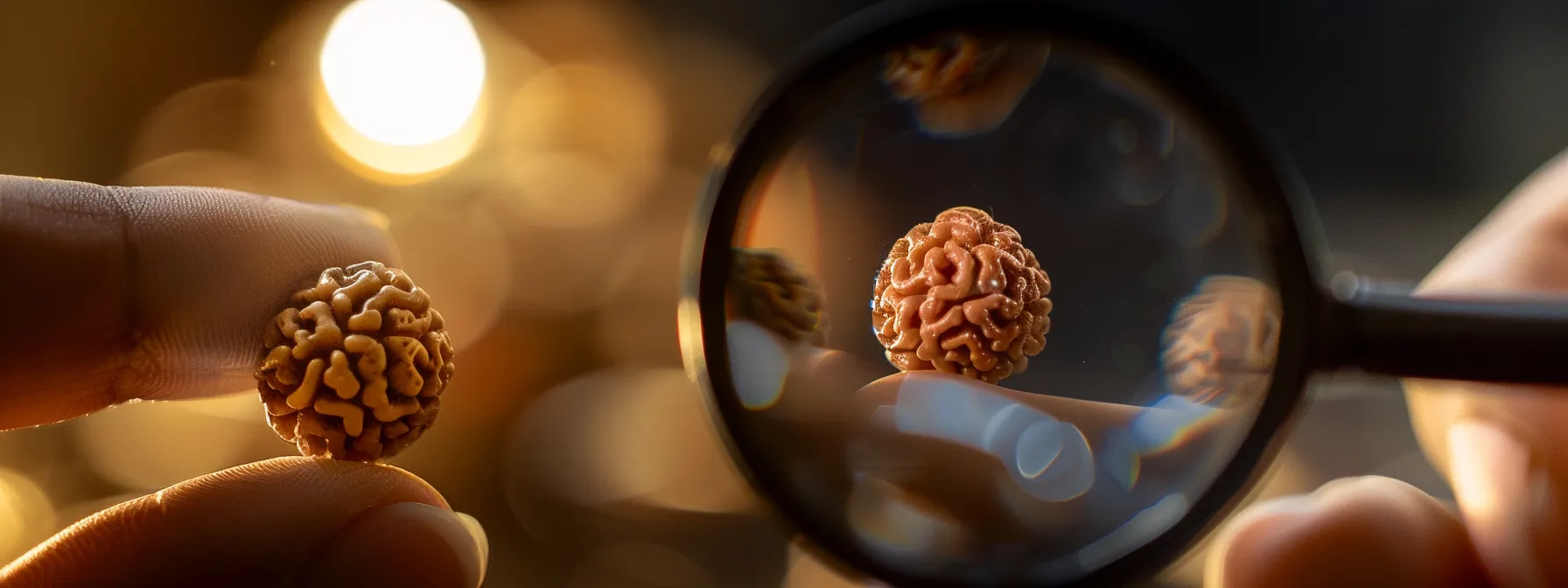 a close-up photo of an eleven mukhi rudraksha bead being carefully examined under a bright light, showcasing its intricate details and authenticity through a magnifying glass.