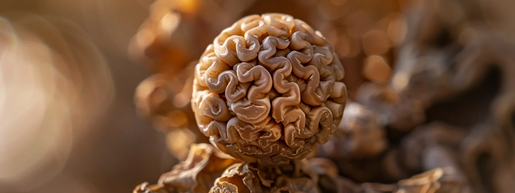 a close-up of a genuine ten mukhi rudraksha bead, showcasing its natural lines, intricate texture, and unique shape.