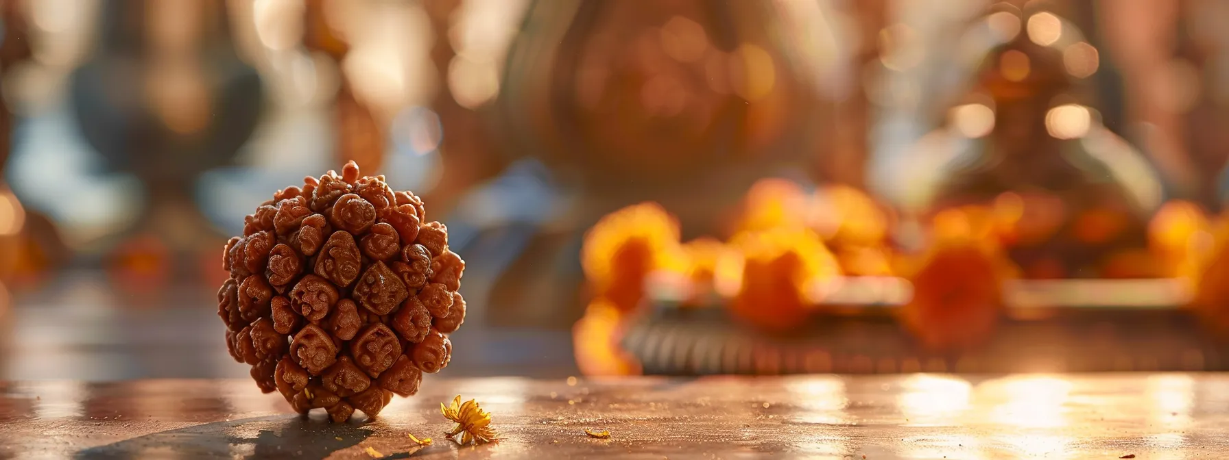 a close-up of an eight mukhi rudraksha bead, radiating spiritual energy and symbolizing prosperity and wealth in hindu tradition.