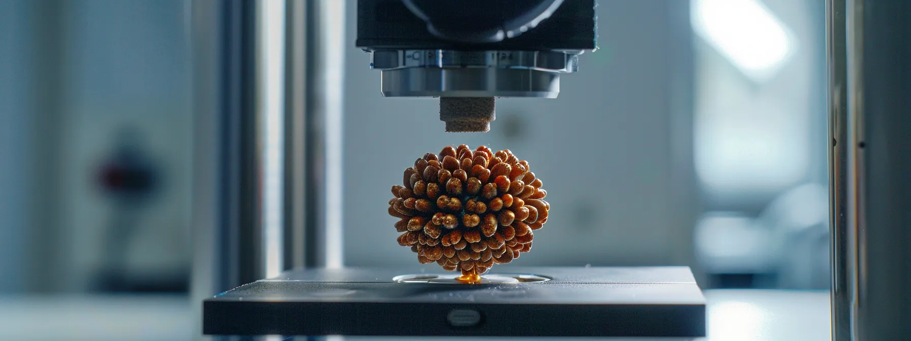 a close-up photo of a twenty one mukhi rudraksha being scanned through a high-tech verification machine, showcasing advanced technological methods in the certification process.