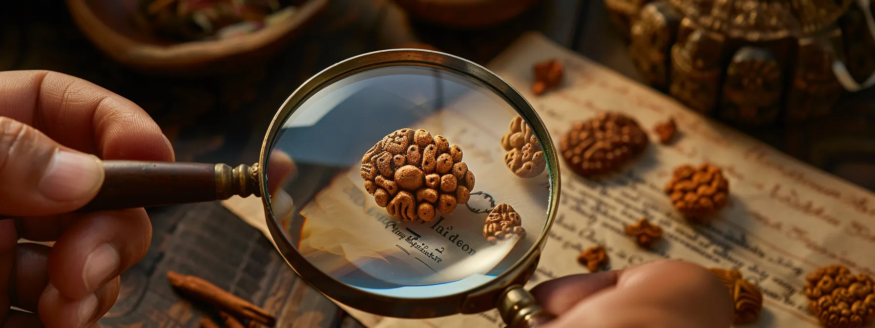 a close-up image of a ten mukhi rudraksha under a magnifying glass, revealing intricate natural features and textures, surrounded by expert hands offering guidance and a certificate of authenticity in the background.