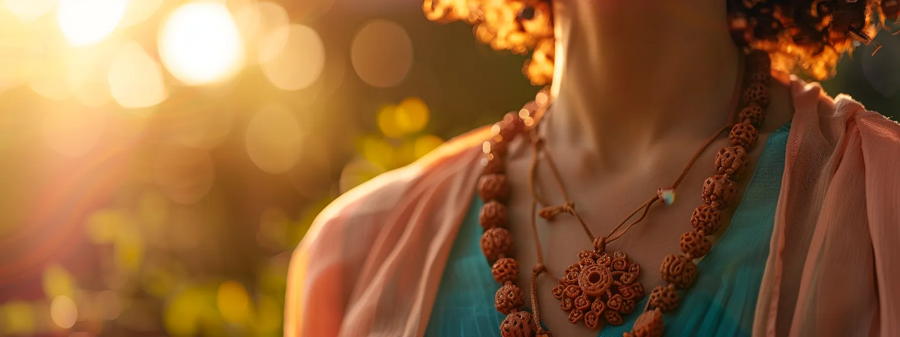 a close-up photo of a person wearing a vibrant rudraksha bead pendant, radiating a sense of balance and energy.