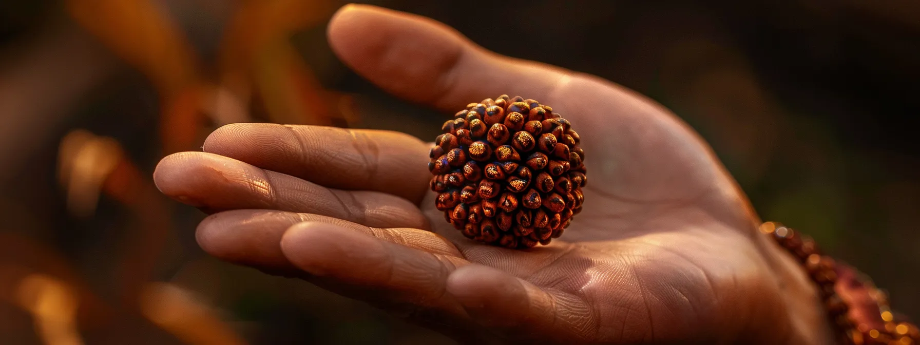 a close-up photo of a hand holding a shimmering three mukhi rudraksha bead, showing its intricate details and authenticity.