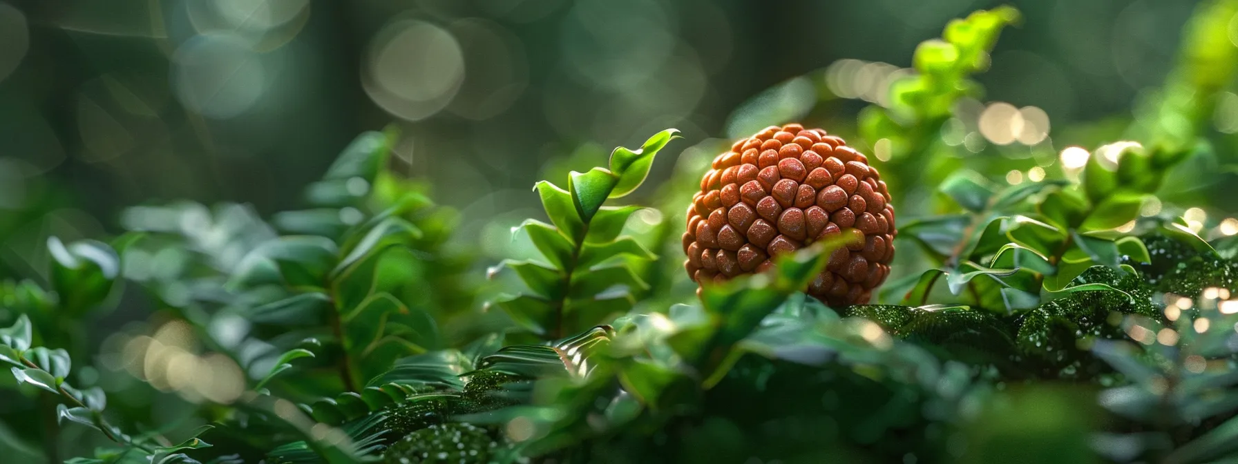 a close-up photo of a gleaming rudraksha bead resting on a bed of lush green leaves, symbolizing its ancient origins and spiritual significance.