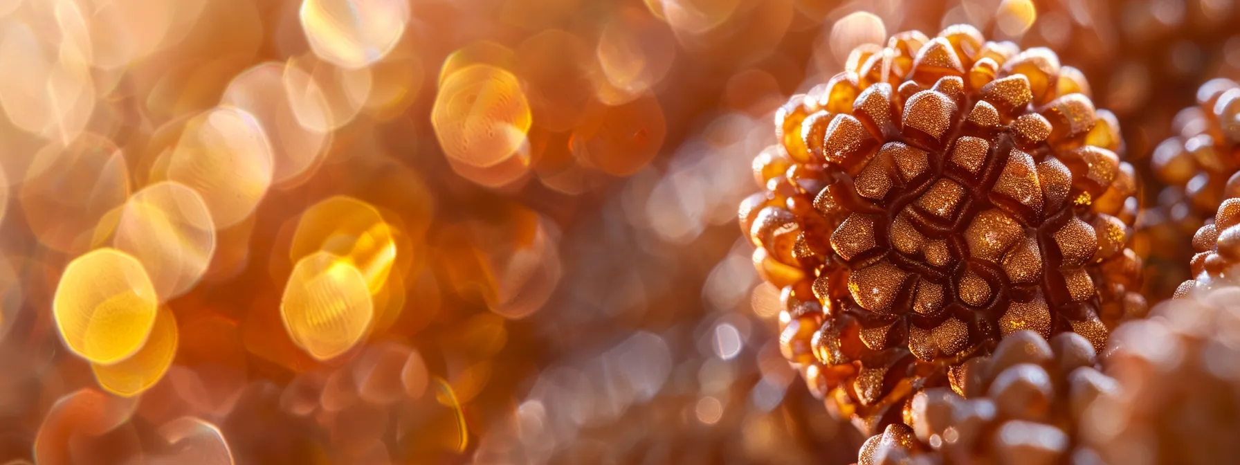 a close-up photo of a ten mukhi rudraksha bead under a microscope, revealing intricate details for laboratory certification and professional verification.