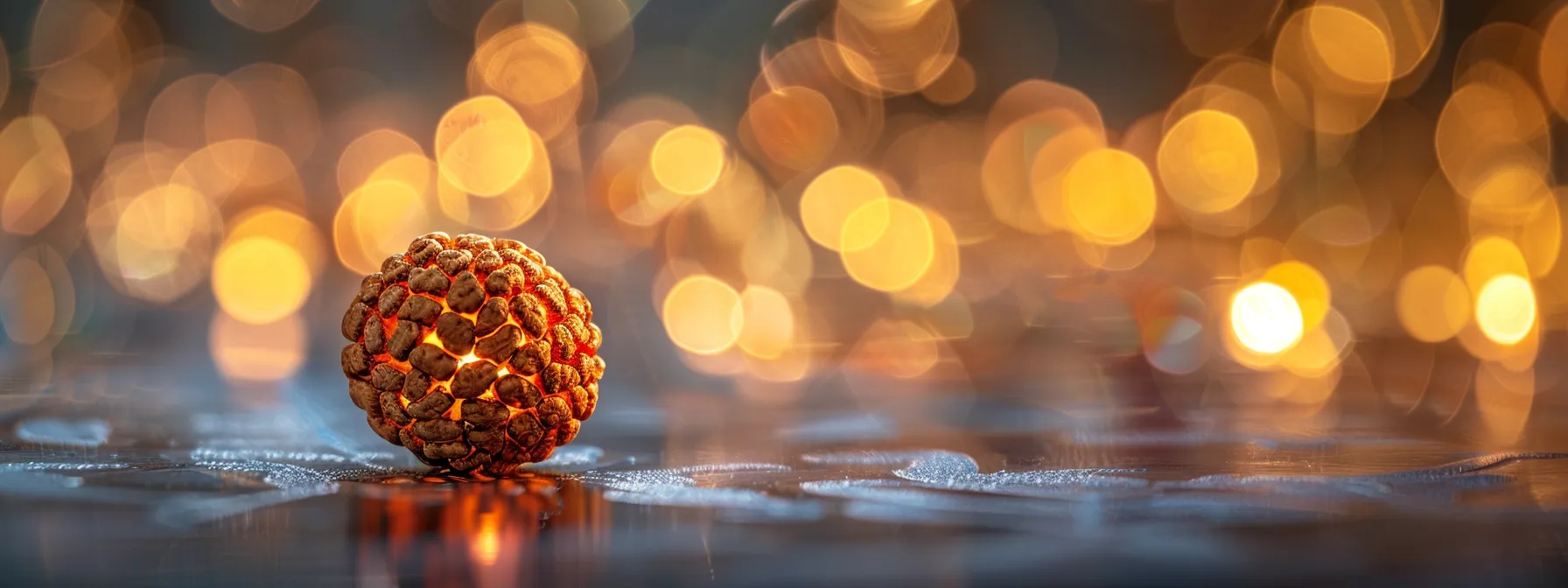 a close-up photo of a shimmering, intricately designed rudraksha bead illuminated by soft light, symbolizing its spiritual significance and modern allure.