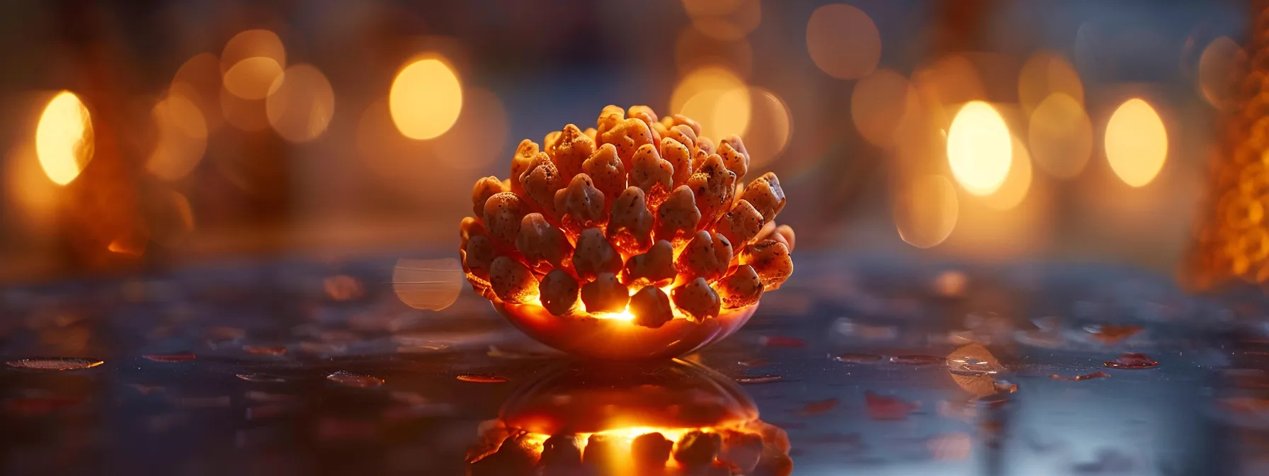 a close-up shot of a shimmering sixteen mukhi rudraksha glowing with spiritual energy.