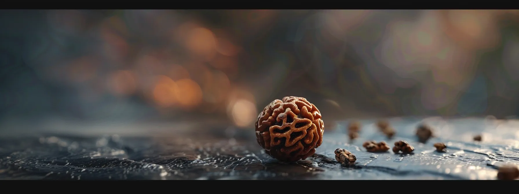 a close-up photograph of a single rudraksha bead, showing its intricate texture and spiritual significance.