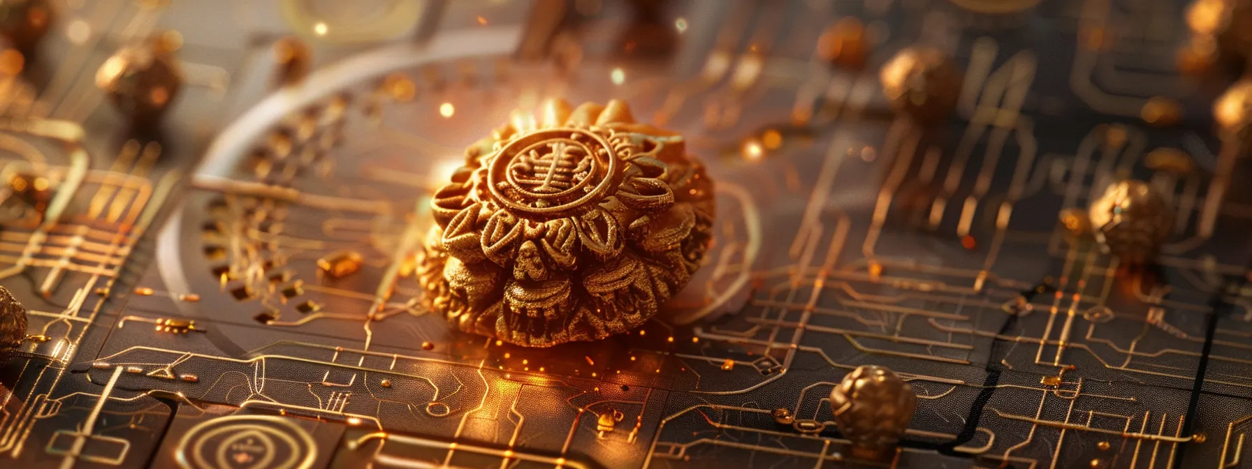 a close-up photo of a shiny fifteen mukhi rudraksha resting on a secure online payment gateway, surrounded by symbols of encryption and security measures.