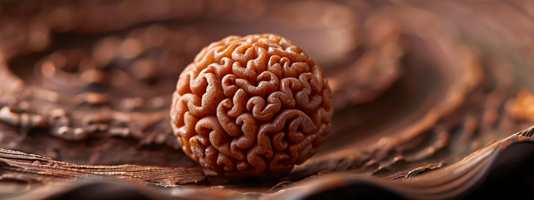 a close-up photo of a genuine ten mukhi rudraksha bead, showcasing its natural texture and distinct markings.