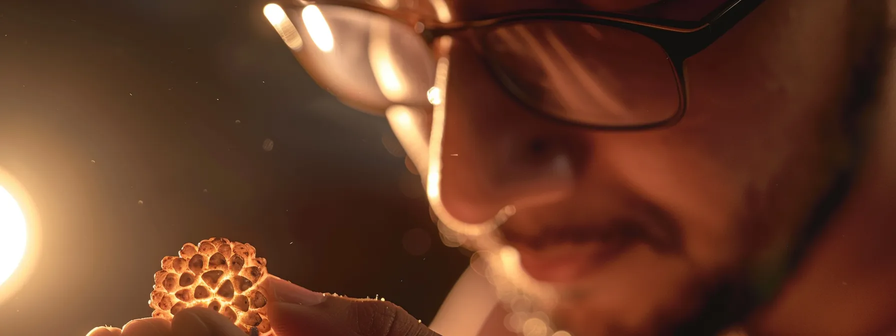 a close-up photo showing an expert inspecting a gleaming eighteen mukhi rudraksha bead for artificial enhancements or modifications.