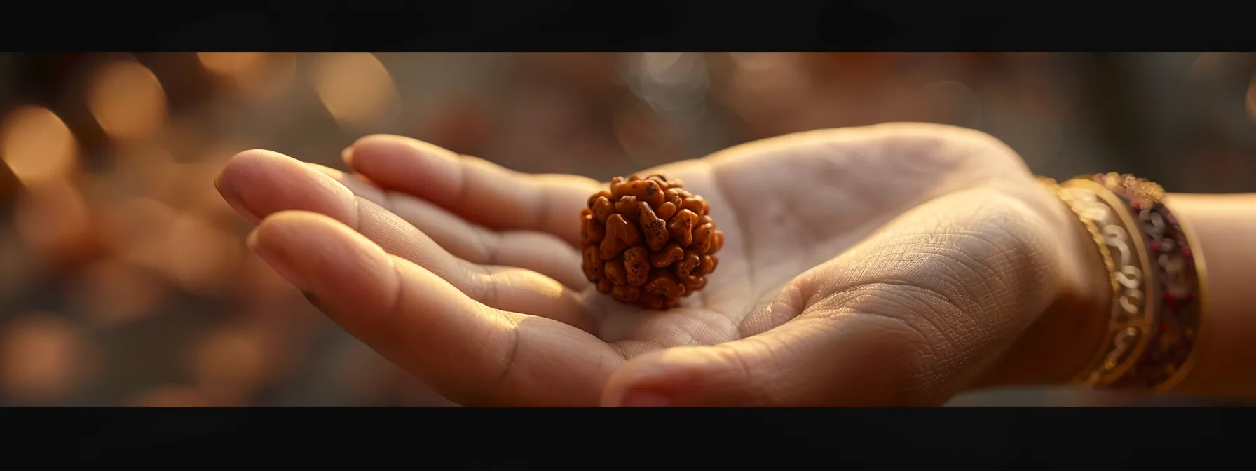 a close-up photo of a hand holding a five mukhi rudraksha bead, radiating a sense of peace and spiritual connection.