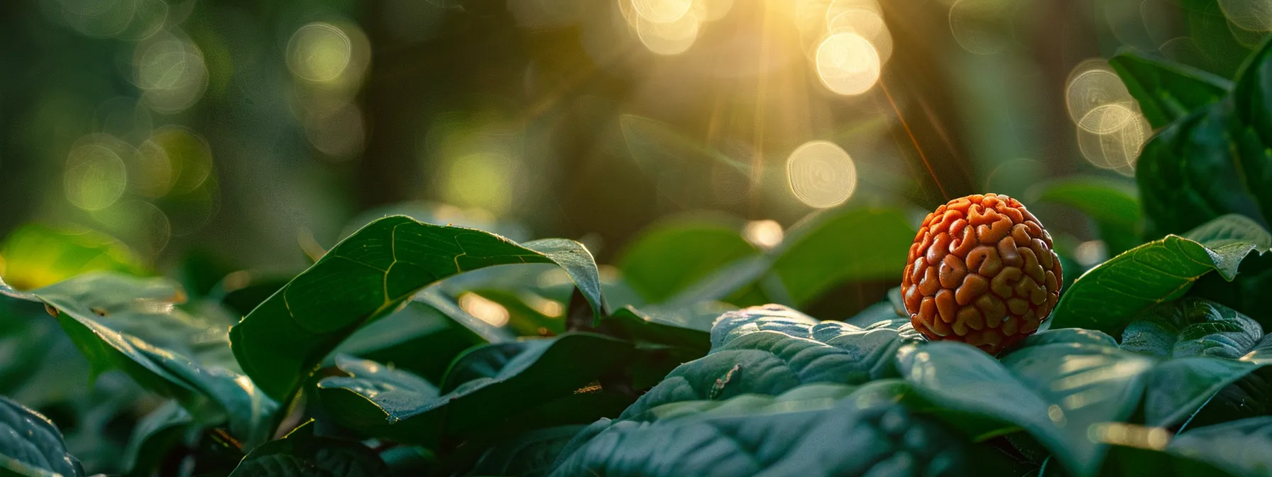 a close-up photo of a five mukhi rudraksha bead shining brightly against a backdrop of lush green leaves, symbolizing its potential to improve physical health.