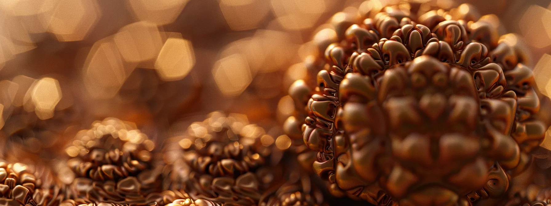 a close-up photo showcasing the intricate pattern and smooth texture of the eight mukhi rudraksha, symbolizing unity and spirituality.