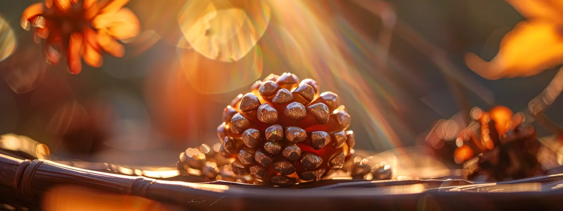 a close-up photo of a shimmering nine mukhi rudraksha seed, radiating spiritual energy and intricately carved with nine smooth facets, symbolizing the goddess durga.