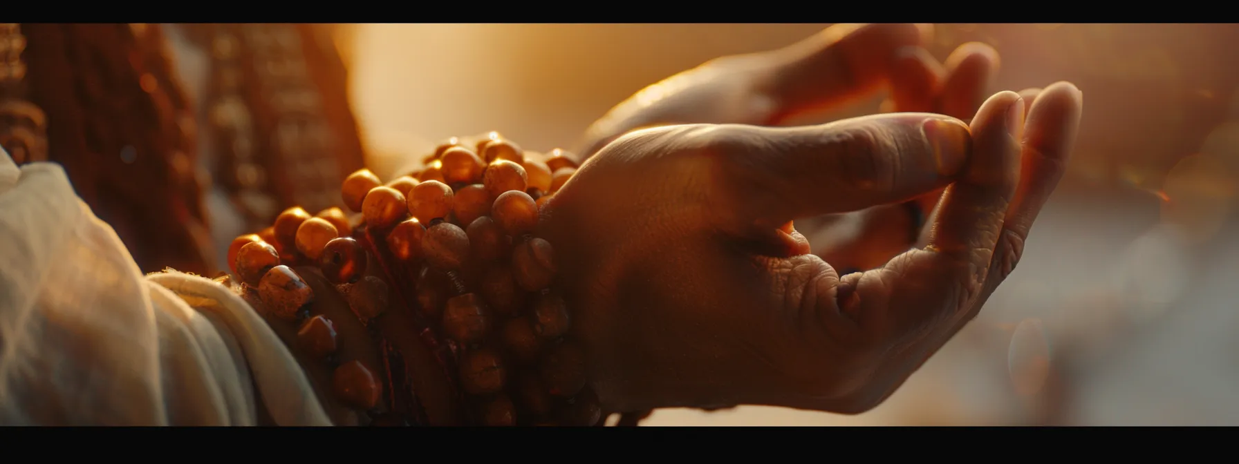 a close-up shot of a person meditating with a string of sacred rudraksha beads wrapped around their wrist, invoking a sense of spiritual connection and inner peace.