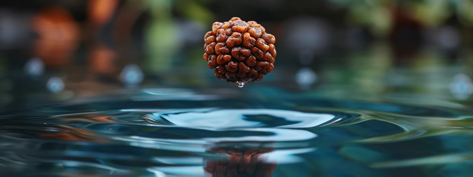 a close-up photo of a one mukhi rudraksha pendant floating in water, showcasing its unique texture and density.